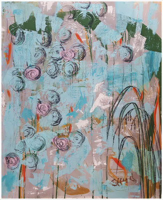 "...als die Fische schwimmen lernten", Mixed Media auf Leinwand, 100 x 120 x 4 cm