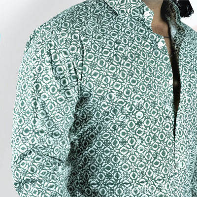 Distinctive block printed shirt for men, available with bespoke tailoring. Visit our factory shop located in Janpath Lane, Connaught Place, Delhi.