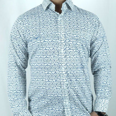 Premium block printed shirt for men, offering personalized tailoring. Check out our factory shop in Janpath Lane, Connaught Place, Delhi.
