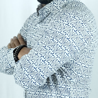 Fashionable men's block printed shirt, with custom tailoring services. Come to our factory shop in Janpath Lane Connaught Place, Delhi.