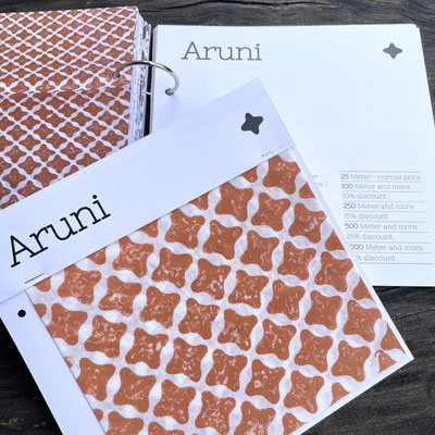 Blockprint  fabric sample book, online  collection  of Maasa Production Pvt. Ltd. Delhi India Block  Print Aruni  orange brown