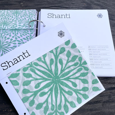 Blockprint  fabric sample swatch book, online  collection  of Maasa Production Pvt. Ltd. Delhi India Block  Print Shanti mint