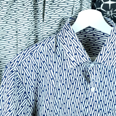 Fashionable men's block printed shirt, with custom tailoring services. Come to our factory shop in Janpath Lane, Connaught Place, Delhi.