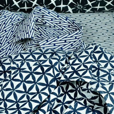 Men's block printed shirt featuring unique patterns, custom tailoring offered. Stop by our factory shop in Janpath Lane, Connaught Place, Delhi.