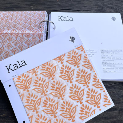 Blockprint  fabric sample book, online  collection  of Maasa Production Pvt. Ltd. Delhi India Block  Print Kala orange