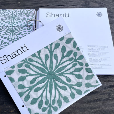 Blockprint  fabric sample swatch book, online  collection  of Maasa Production Pvt. Ltd. Delhi India Block  Print Shanti olive