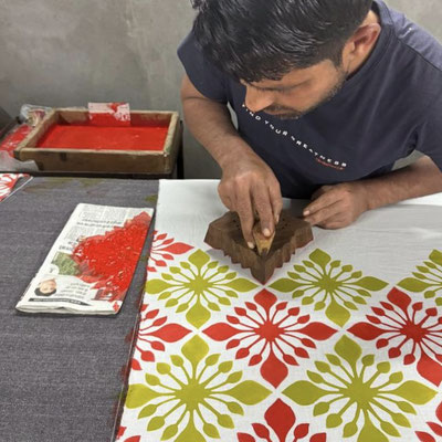 Discover modern block-printed textiles on organic cotton, 156 cm wide, with eco-friendly inks at our fabric store near Connaught