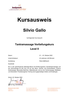 Ein Kursausweis für Silvio Gallo vom Bodywork Center über den Abschluss eines 24-stündigen Aufbaukurses für Tantramassage vom 2.–4. Dezember 2022.