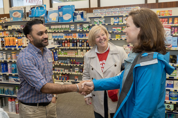 Fanwood Pharmacy owner Mitul Patel greets Rebecca and Mayor Mahr
