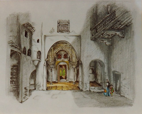 "Patio de l'Alhambra au XIXème siècle". Technique mixte : crayons, fusain et aquarelle. 1983. 0,29 x 0,21.