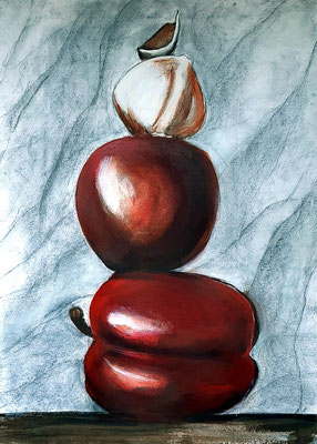 Rode vruchten en knoflook, 2023, houtskool + acryl op papier, 50 x 70