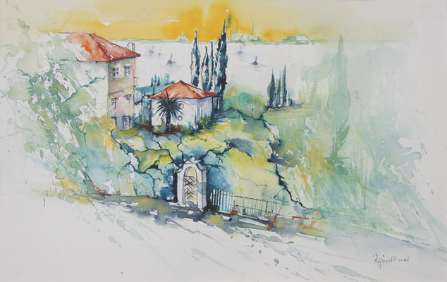 „Gardasee - Blick auf Sirmione“, Aquarell