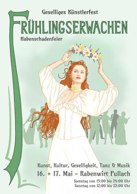 Plakat zur Habenschadenfeier 2026, Frau in weißem Kleid hält Blumenkranz in die Höhe. Schrift: Geselliges Künstlerfest "Frühlingserwachen", Habenschadenfeier, 16. und 17. Mai Rabenwirt Pullach