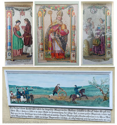 Verschiedene Mosaike und Gemälde an den Häusern