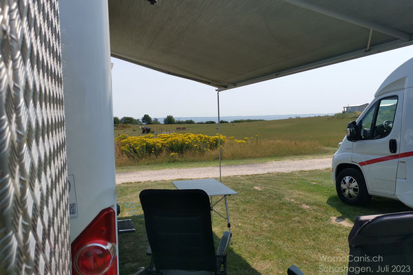 Vor uns eine grosse Wiese und gleich dahinter liegt die Lübecker Bucht