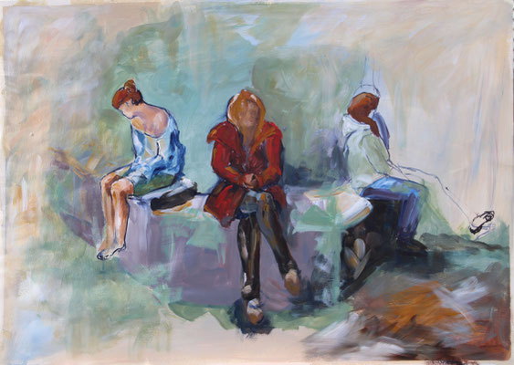 Auf der Mauer, 2014, Acryl und Tusche auf Papier, 50 x 70 cm