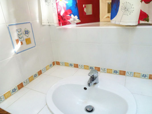 Salle d'eau gite de liou lumineuse grâce à sa fenêtre au dessus du lavabo et sa fenêtre de toit  