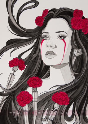 "Red Carnations", encre sur papier, 21 x 29 cm, 2024