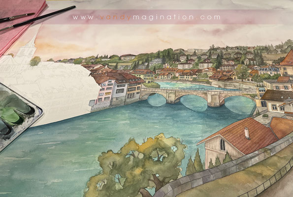 "Bern in Orange & Pink", Watercolor on paper, 65 X 44 cm, 2022