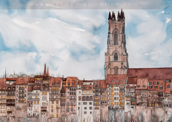 "Lights of Fribourg", Watercolor on paper, 65 X 44 cm, 2021