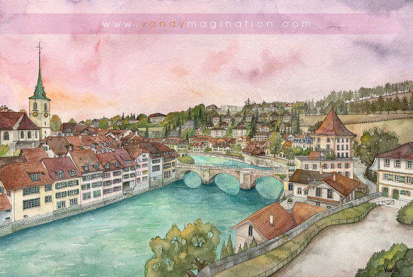 "Bern in Orange & Pink" Watercolor on paper, 65 cm X 44 cm, 2022