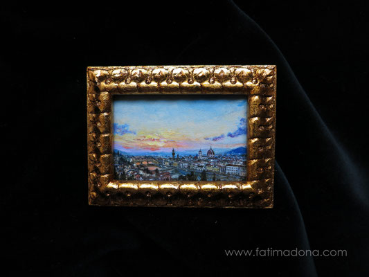 Florencia, óleo 6x4 cm, marco de madera hecho a mano dorado con pan de oro y envejecido