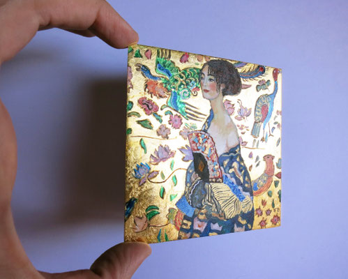 Lady with fan, after Klimt ,oil and 22 carat gold leaf