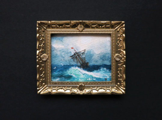 "Ship on Stormy Seas" reproducción de Ivan-Konstantinovich-Aivazovsky. Miniatura 1:12, Acuarela 4,8x5,8 cm