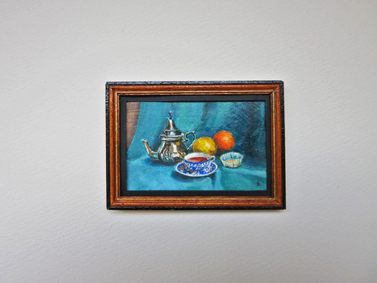 Hora del té. óleo 7,1x5 cm, marco de madera hecho a mano