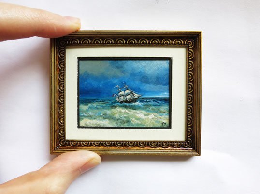 "Ship" after Ivan-Konstantinovich-Aivazovsky. Miniature 1:12, oil 4,8x5,8 cm