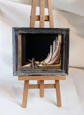 Still life with thistle and carrots after Sanchez Cotán, oil on synthetic ivory 6,5 x 4,5 cm