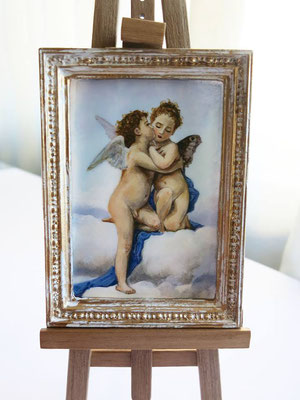 Cupido & Psique as children, after Bouguereau, oil on synthetic ivory 6,5x4,5 cm