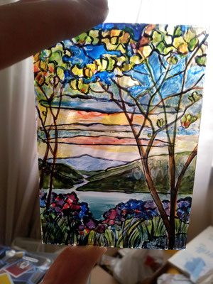 Vidriera Magnolias and Irises, estilo Tiffany, cristal pintado 6,2x9 cm