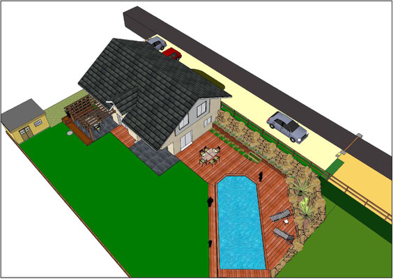 Projet d'aménagement paysager (modélisation 3D) d'une maison individuelle, par évo green design