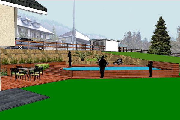 Modélisation 3D du projet d'aménagement paysager avec intégration dans le paysage, par évo green design
