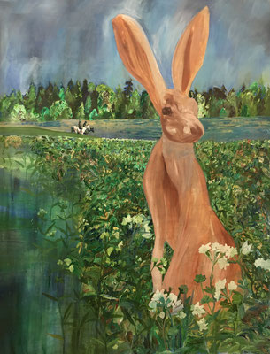 Jäger & nackter Riesenhase, Ölfarbe auf Baumwolle, 140 x 190 cm, 2020