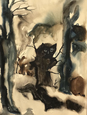 Waldkatze, 120 x 80 cm, Tusche auf Baumwolle, 2020.