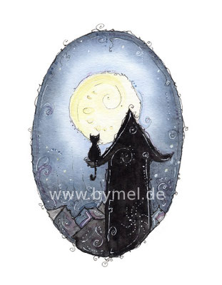 "Mondkatze",  Aquarell auf 300g/qm Aquarellpapier, inkl Rahmen 40 x 50cm, Preis: 90€ zzgl. Versand, erhältlich als limitierter, handsignierter Druck für 40€ zzgl. Versand