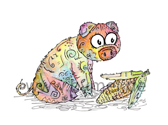 "Schweinchen",  Aquarell auf 300g/qm Aquarellpapier, 24x32cm, Preis: 190€ zzgl. Versand, erhältlich als limitierter, handsignierter Druck für 40€ zzgl. Versand