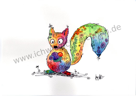 "Eichhörnchen Tom", Aquarell auf 300g/qm Aquarellpapier, A4,Preis: 180€ zzgl. Versand, erhältlich als limitierter, handsignierter Druck für 40€ zzgl. Versand