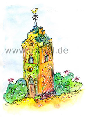 "Glockenturm" der Gemeinde Würzweiler im Donnersbergkreis, Aquarell auf Papier, Preis: 100€ zzgl. Versand
