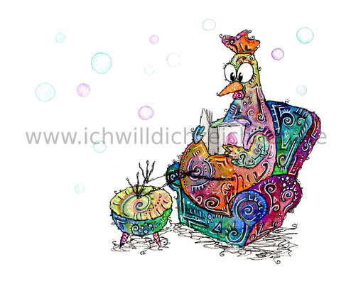 "Lesehühnchen",  Aquarell auf 300g/qm Aquarellpapier, 24x32cm, Preis: 190€ zzgl. Versand, erhältlich als limitierter, handsignierter Druck für 40€ zzgl. Versand
