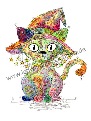 "Hexenkatze", Aquarell auf 300g/qm Aquarellpapier, A4, Preis: 190€ zzgl. Versand, erhältlich als limitierter, handsignierter Druck für 40€ zzgl. Versand