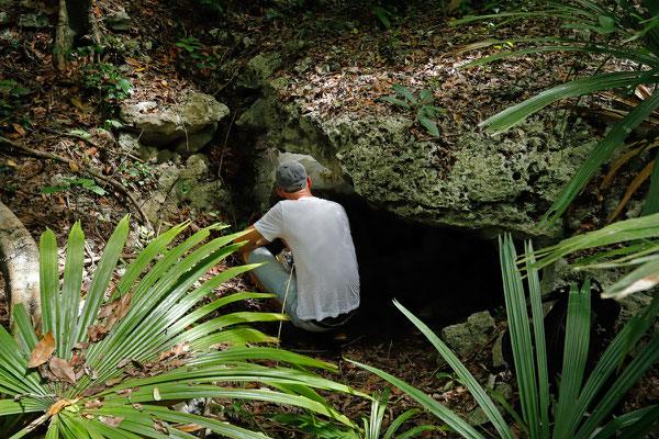 Exploring a small cave in the forest.