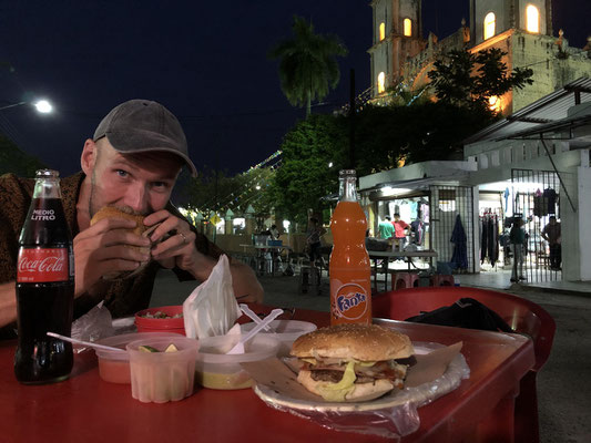 Burger at Piste, the only nice town we saw in Yucatán.