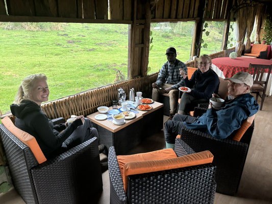 Taking shelter from the rain with some proper food.