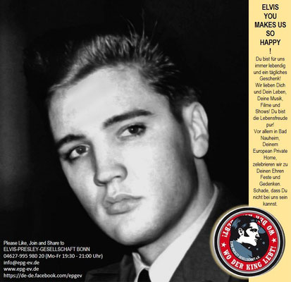 Elvis-Presley-Gesellschaft Bonn, Tel.: 04627 995 980 20, E-Mail: info@epg-ev.de, Website: epg-ev.de