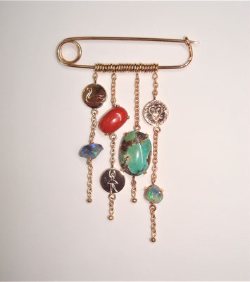 broche or rose, turquoise, corail,opales