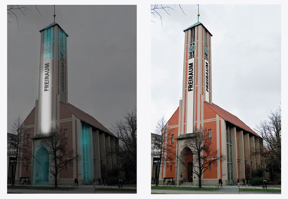 Beflaggung und Beleuchtung des Kirchturms für "FreiRaum"-Aktion