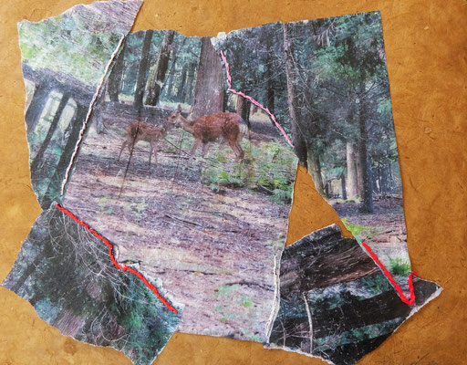 鹿の親子　　　和紙にインクジェット印刷、糸  200×255mm